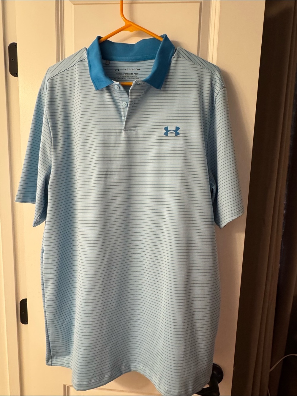Under Armour Light Blue Striped Performance Polo with Teal Collar
